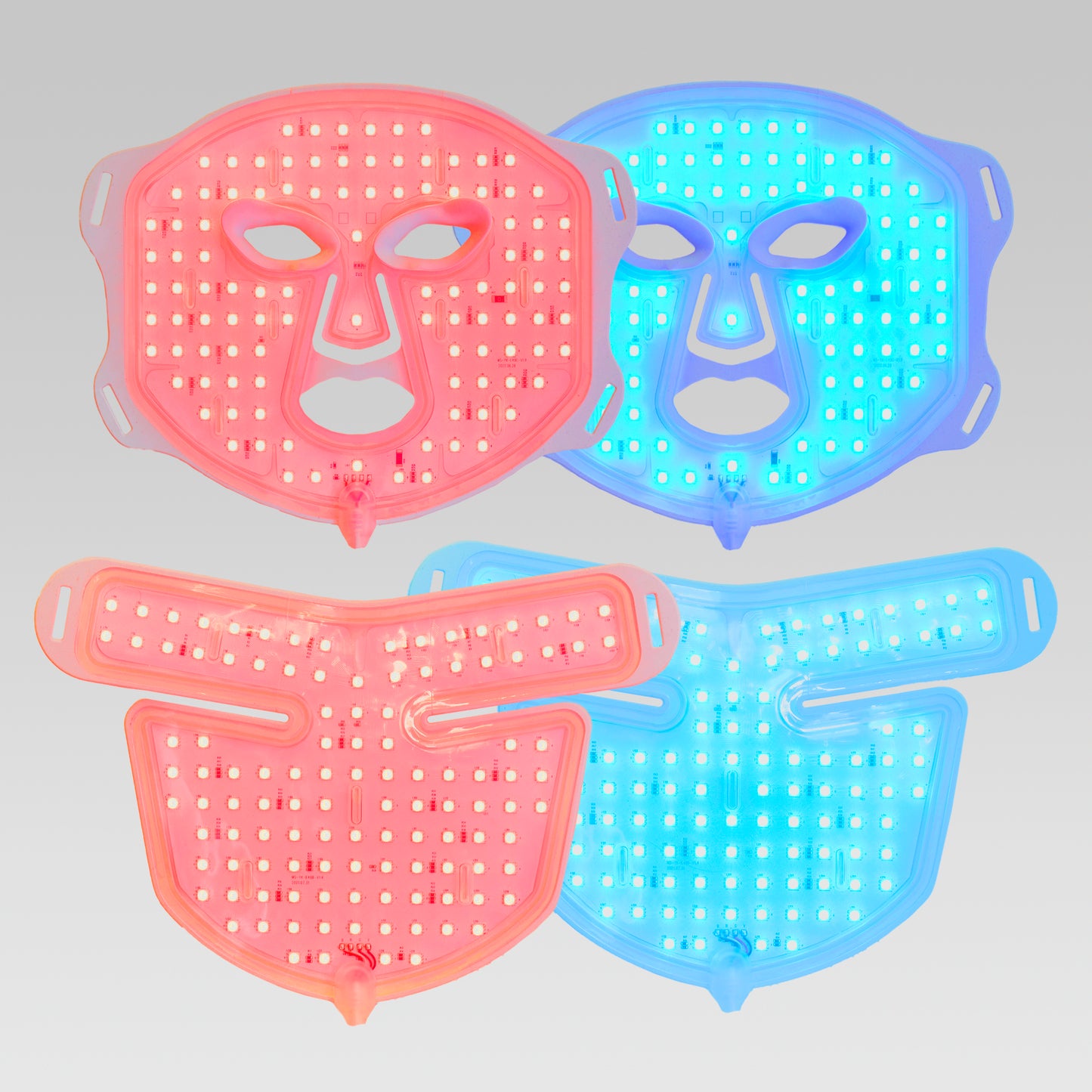 SKINVITY SILICONE LED MASK SE MUESTRA POR COMPLETO LA MÁSCARA POR LA PARTE POSTERIOR CON LUZ LED ROJA Y LUZ AZUL ENCENDIDA