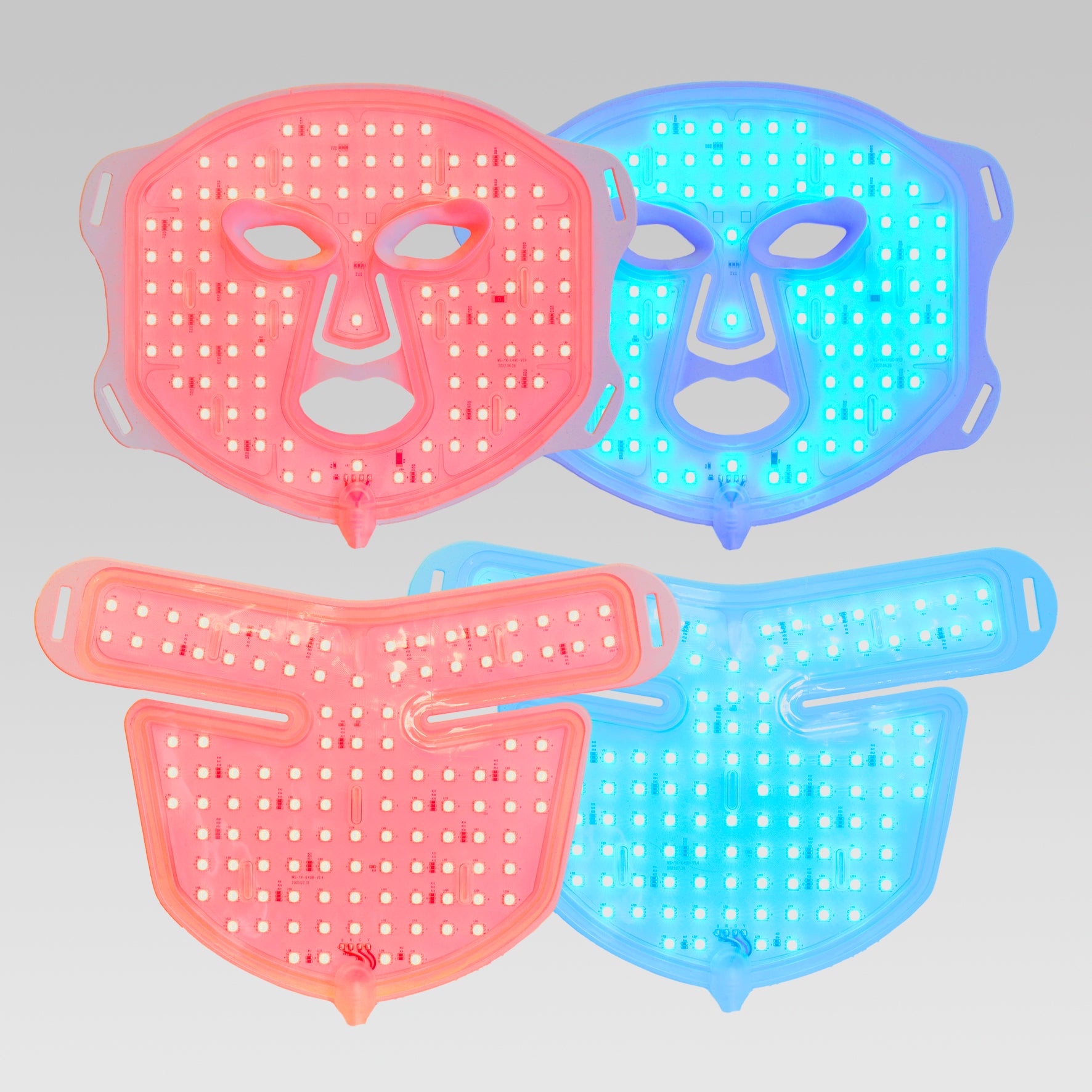 SKINVITY SILICONE LED MASK SE MUESTRA POR COMPLETO LA MÁSCARA POR LA PARTE POSTERIOR CON LUZ LED ROJA Y LUZ AZUL ENCENDIDA