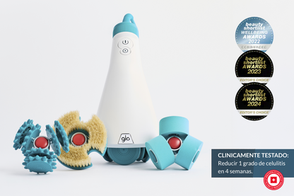 SE MUESTRA DISPOSITIVO GLO PRO CON SUS DIFERENTES CABEZALES PARA TRATAMIENTOS ANTICELULITICOS Y APARECEN LOS DIFERENTES PREMIOS RECIBIDOS